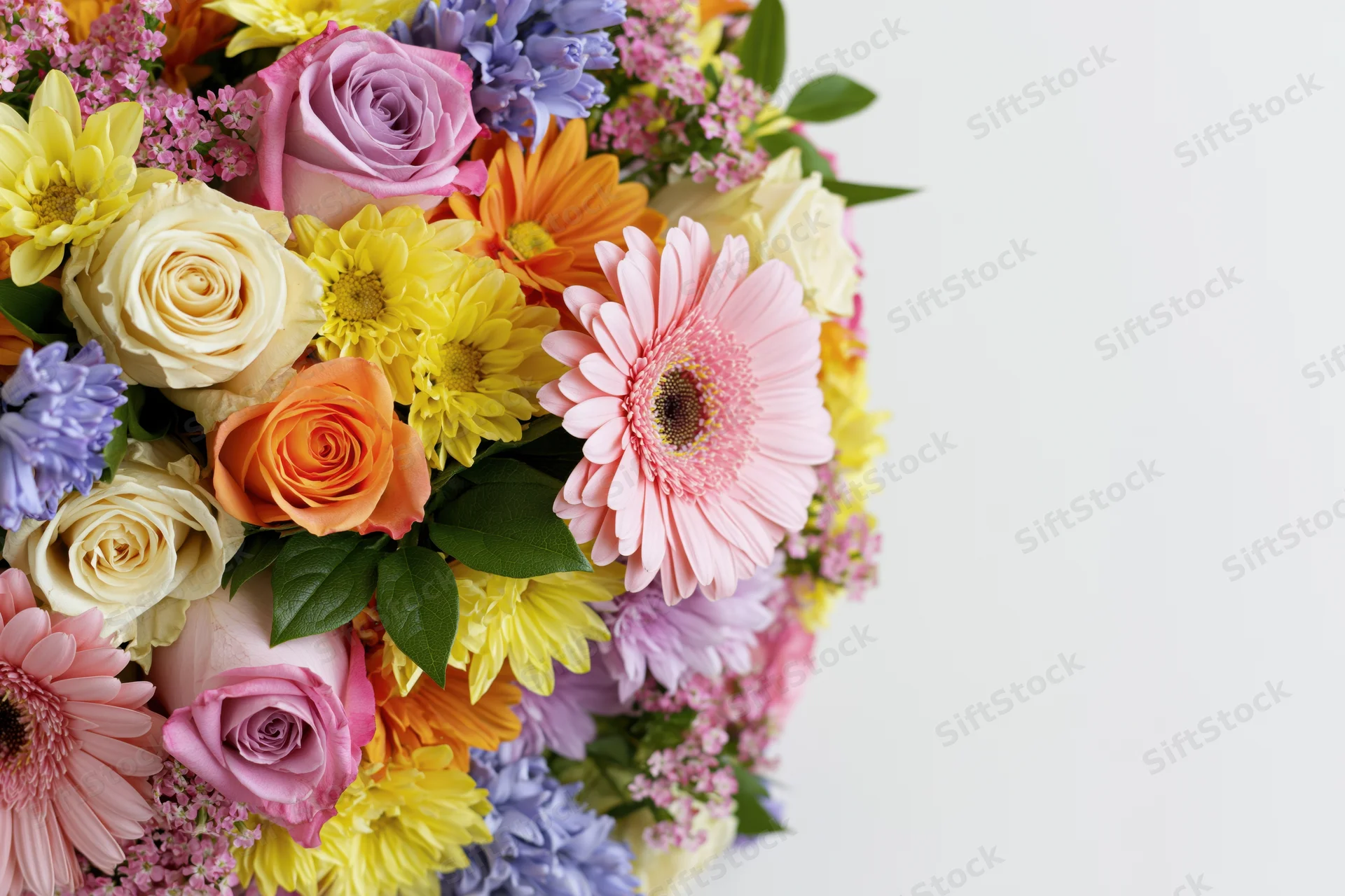 Dense mixed flower arrangement clustered along the left edge against a white background