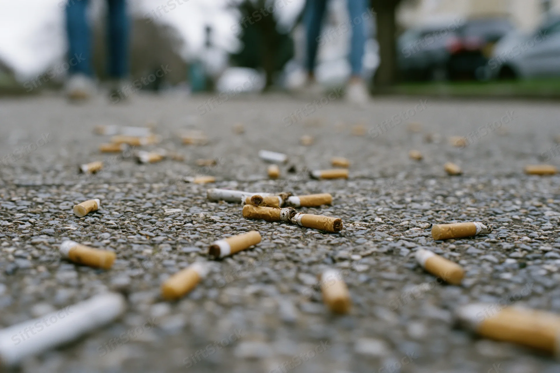 Cigarette butts scattered across rough pavement in an urban outdoor setting