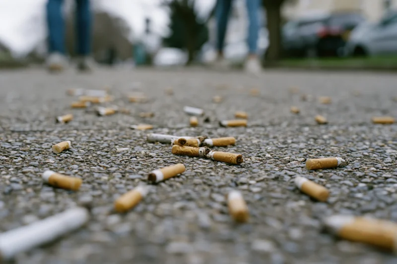 Cigarette butts scattered across rough pavement in an urban outdoor setting