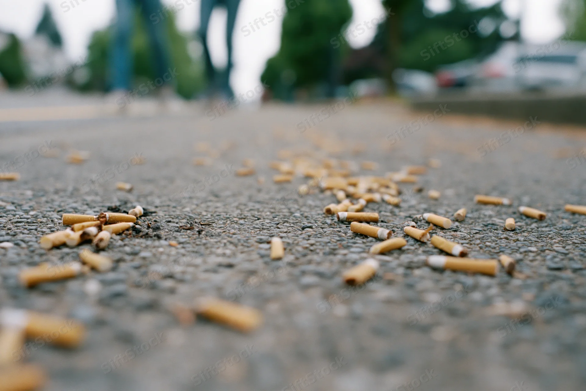 Cigarette butts scattered across rough asphalt pavement in an urban outdoor setting
