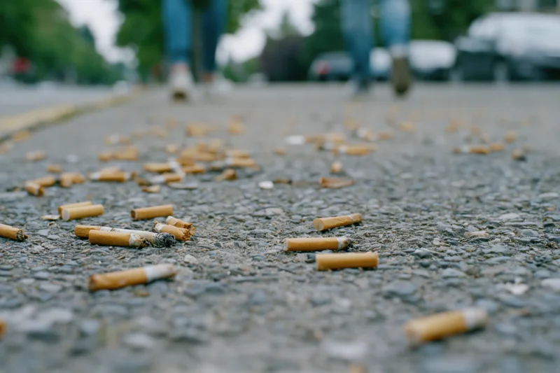 Cigarette butts scattered across asphalt pavement in urban street setting