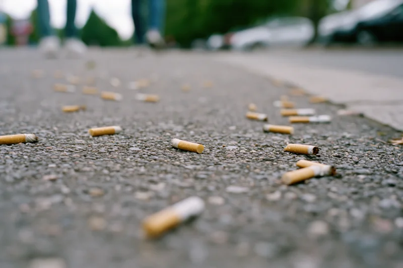 Discarded cigarette butts scattered across rough asphalt pavement in an urban outdoor setting
