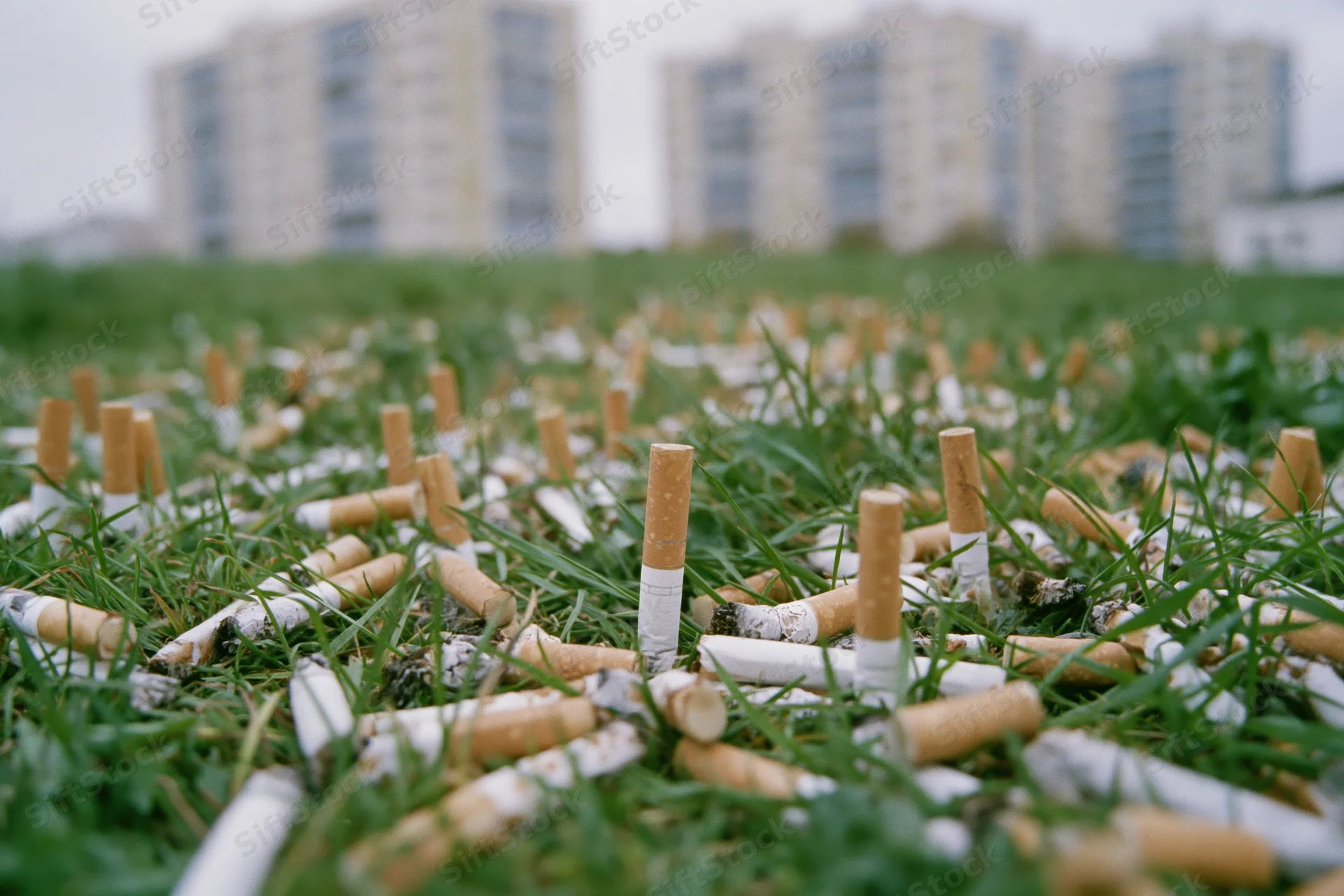 Cigarette butts scattered densely across grass in front of apartment buildings