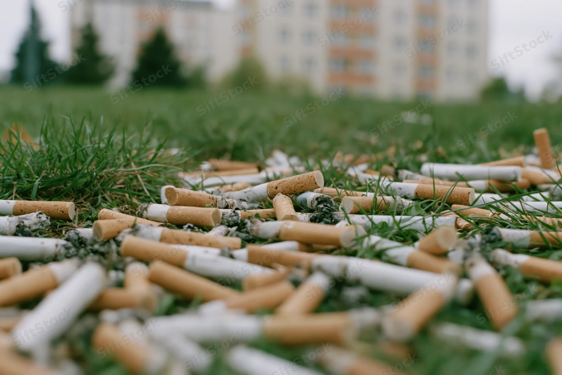 Discarded cigarette butts scattered densely across grass in front of apartment buildings