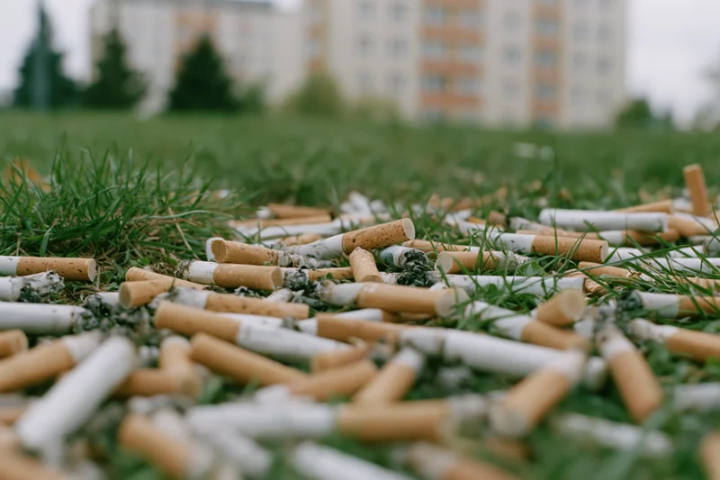 Discarded cigarette butts scattered densely across grass in front of apartment buildings