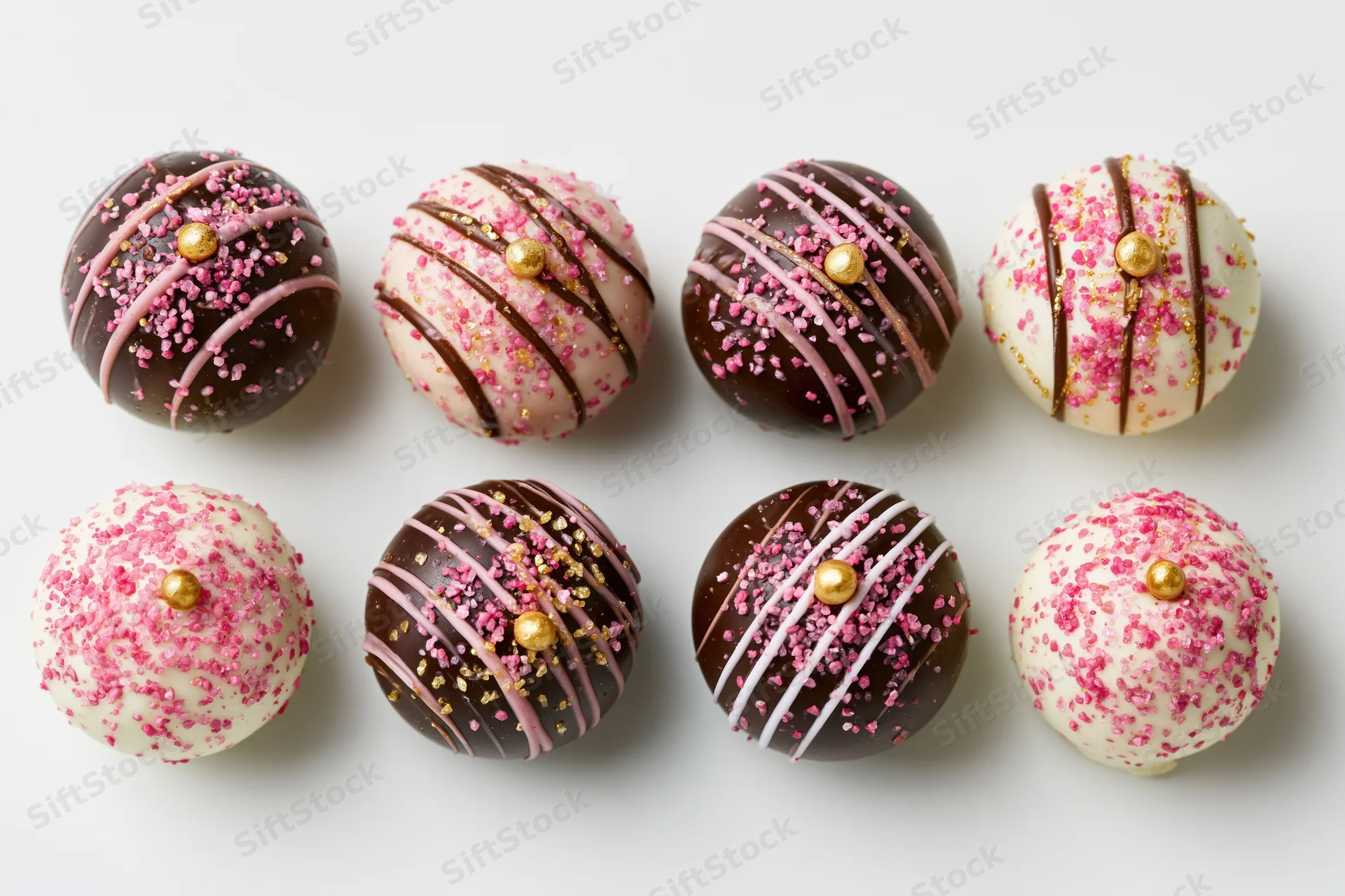 Eight chocolate truffles arranged in two rows of four on white background