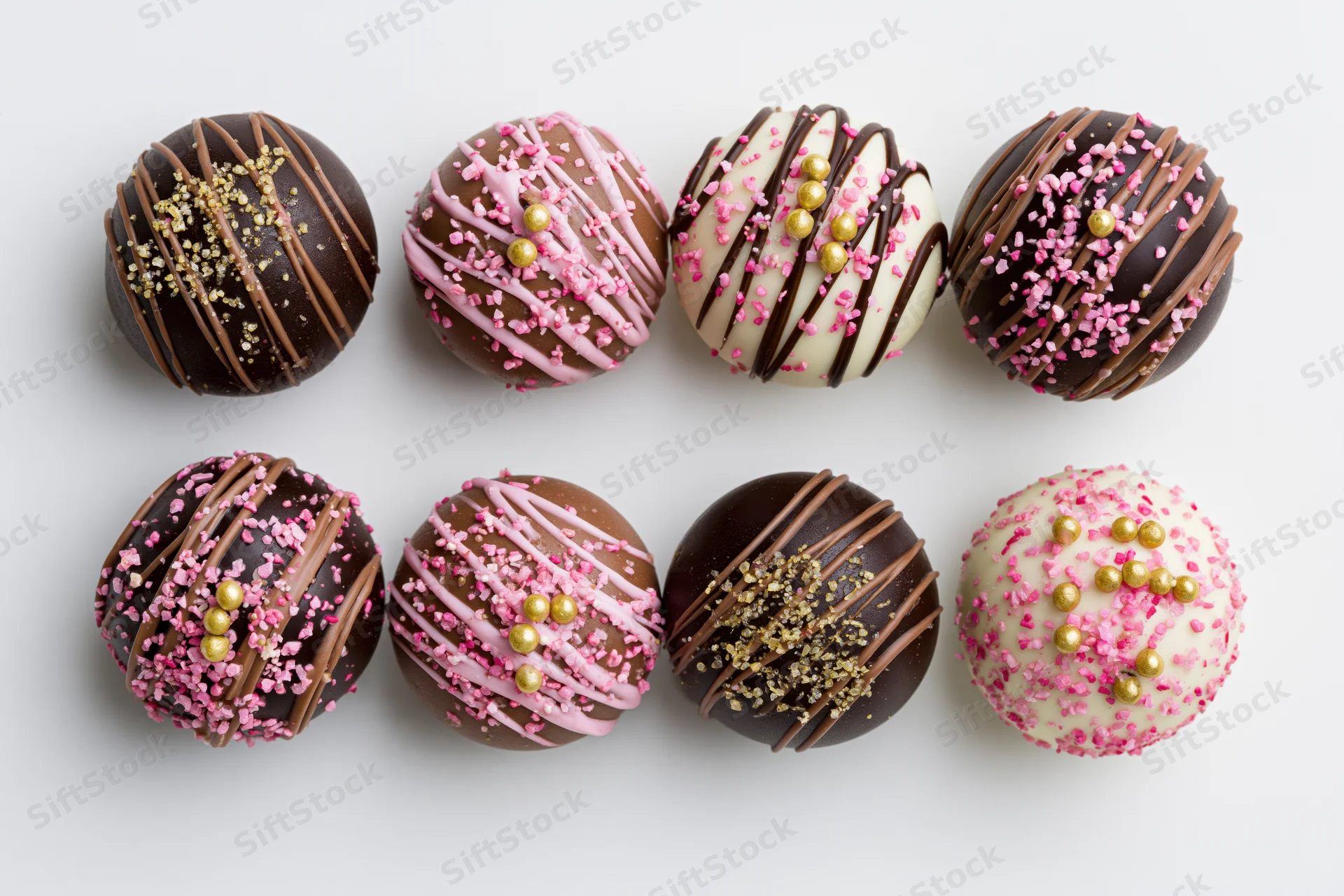 Eight assorted chocolate truffles arranged in two rows on white background