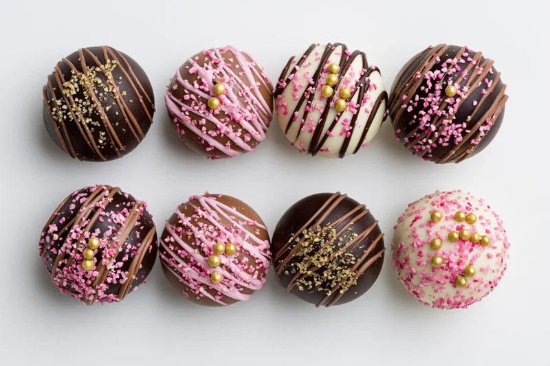 Eight assorted chocolate truffles arranged in two rows on white background