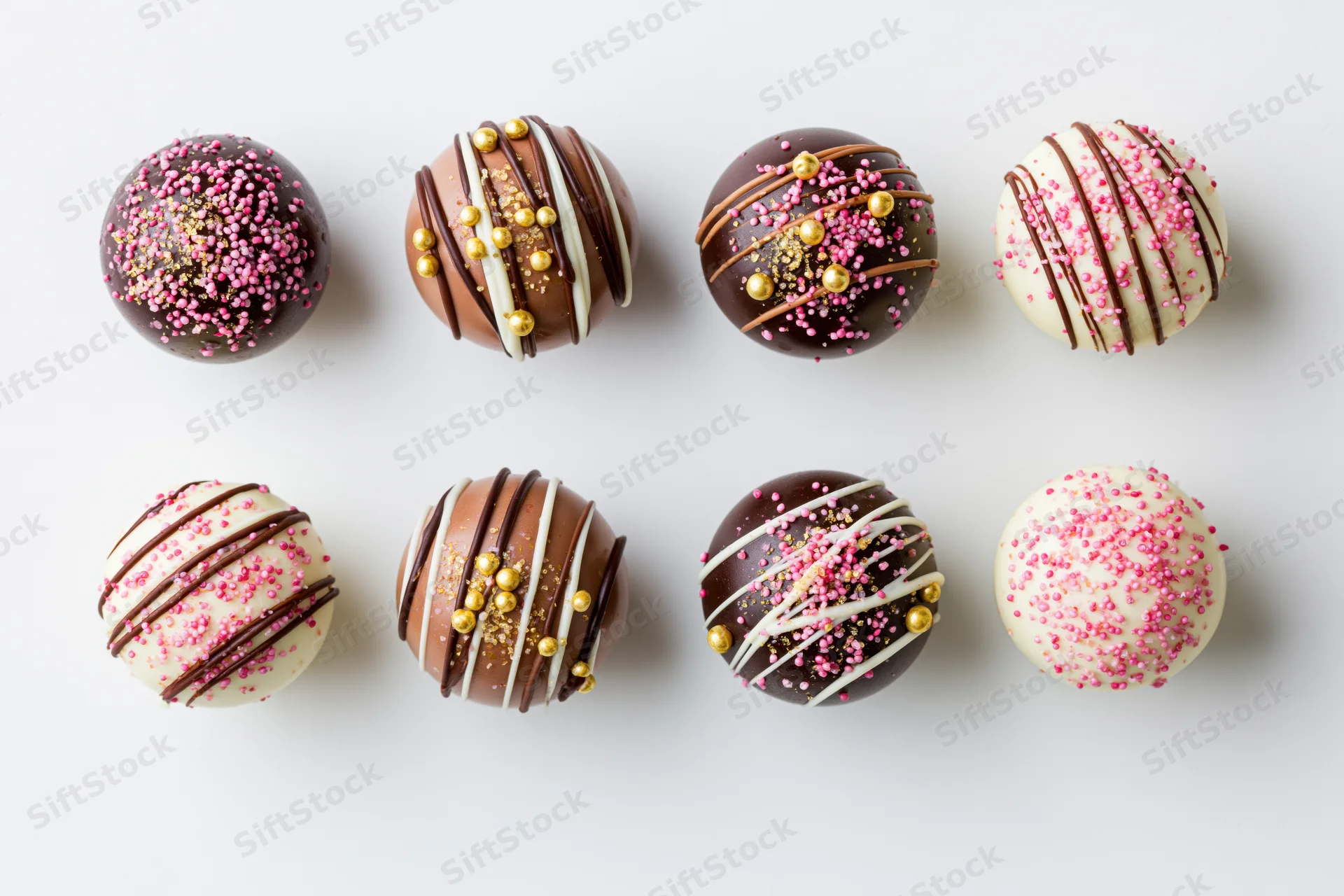 Eight assorted chocolate truffles arranged in two rows on white background