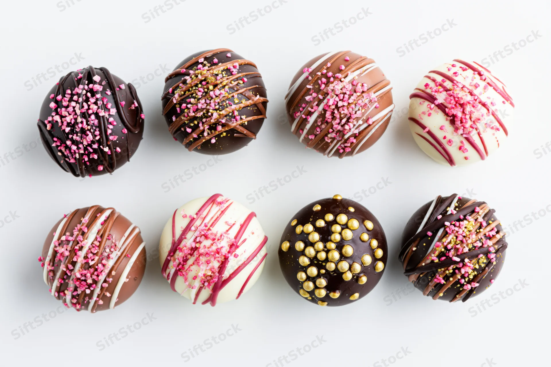 Eight assorted chocolate truffles arranged in two rows on white background