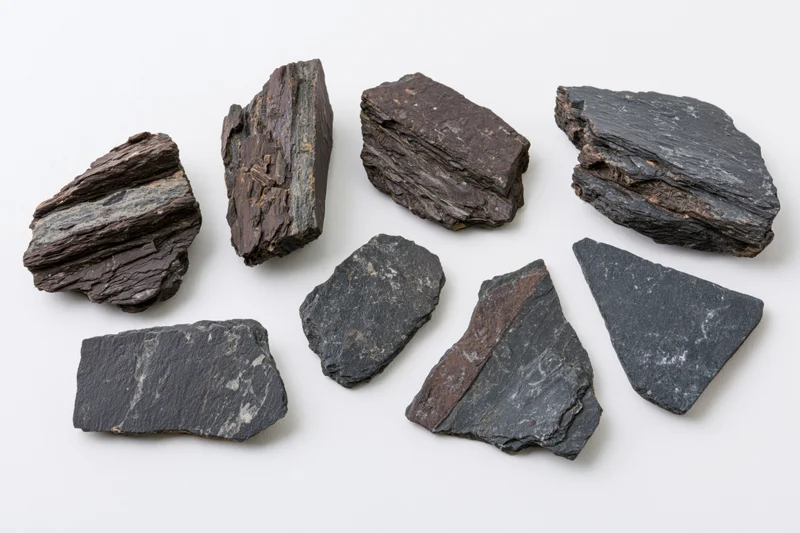 Eight rough dark shale rock specimens arranged in a loose scatter on white background