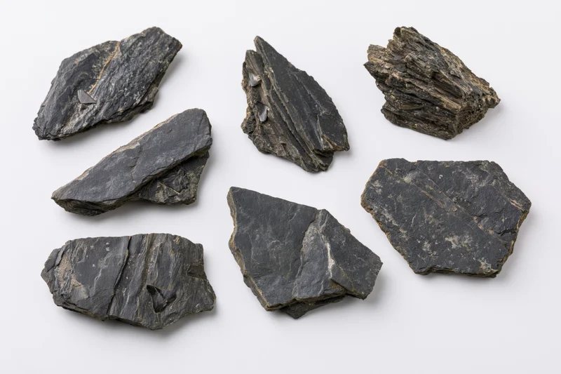 Eight rough dark shale rock specimens arranged on white background