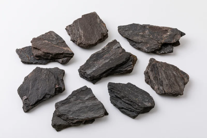 Rough dark shale rock specimens arranged on white surface