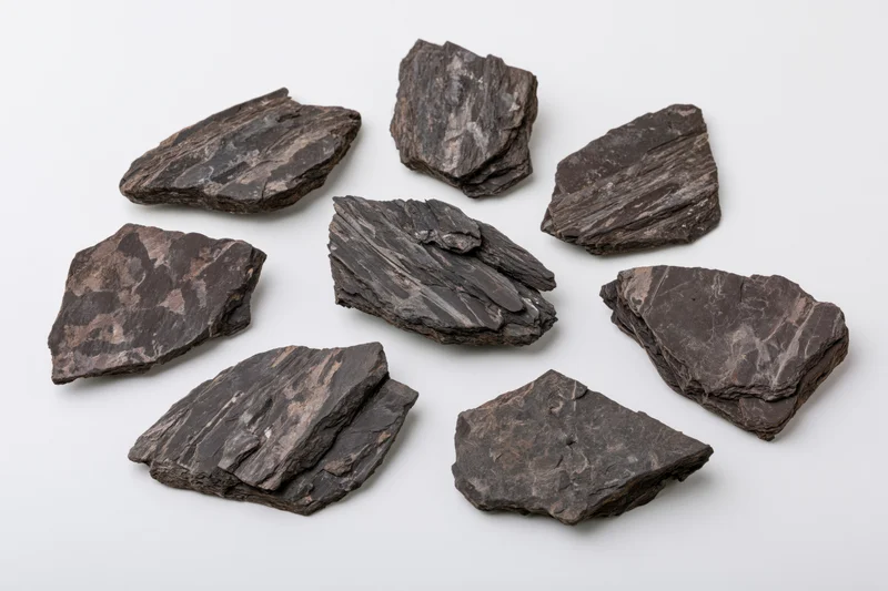 Eight rough dark shale rock specimens arranged in a loose scatter on white background