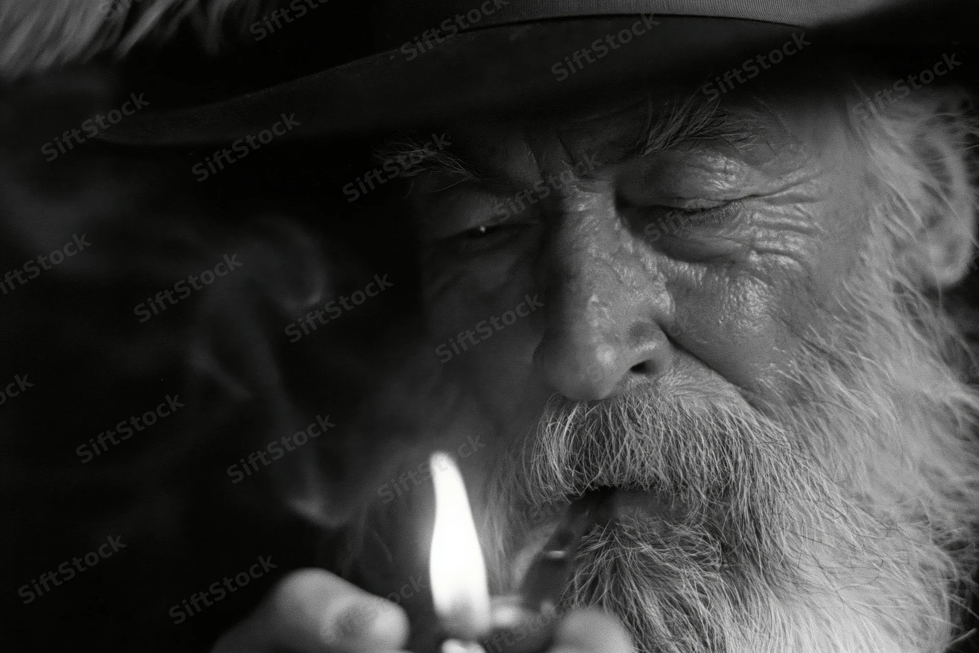Elderly man with long silver beard lighting a pipe, close-up portrait in black and white
