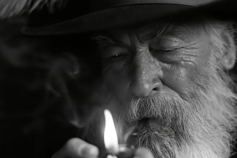 Elderly man with long silver beard lighting a pipe, close-up portrait in black and white