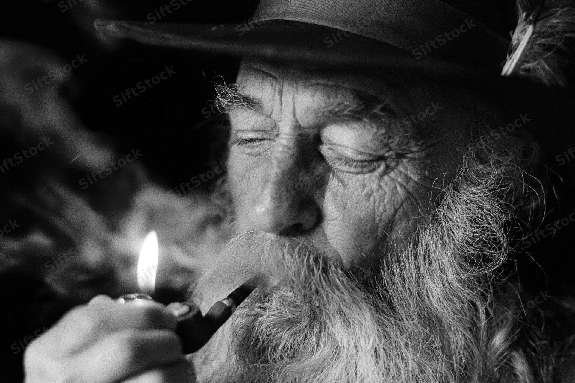 Elderly man with long gray beard lighting a pipe while wearing a hat with feather, close-up portrait in black and white