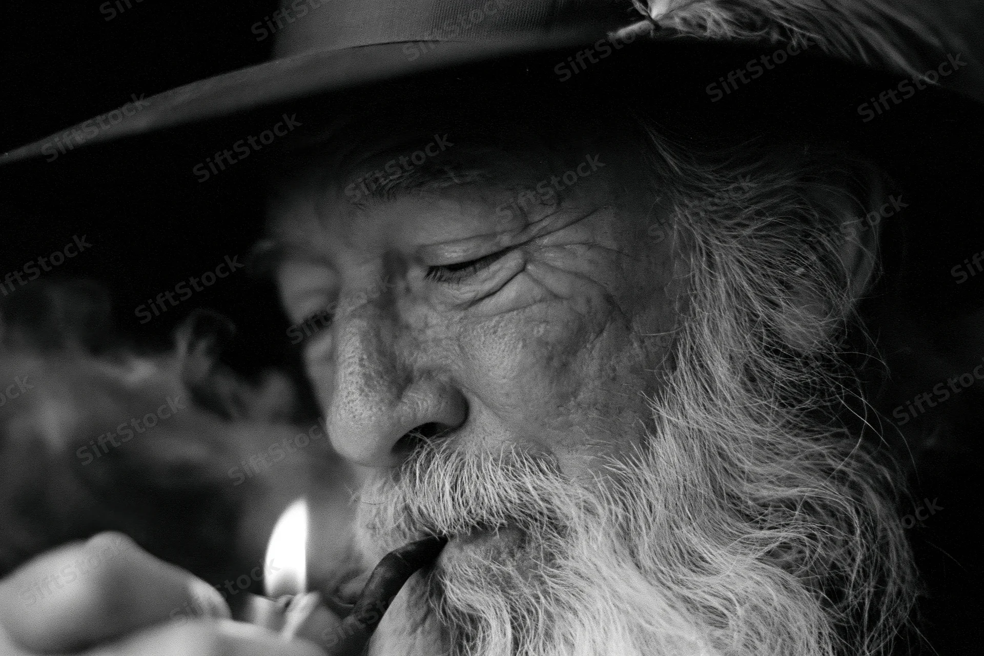 Elderly man with long silver beard lighting a pipe in close-up black and white portrait