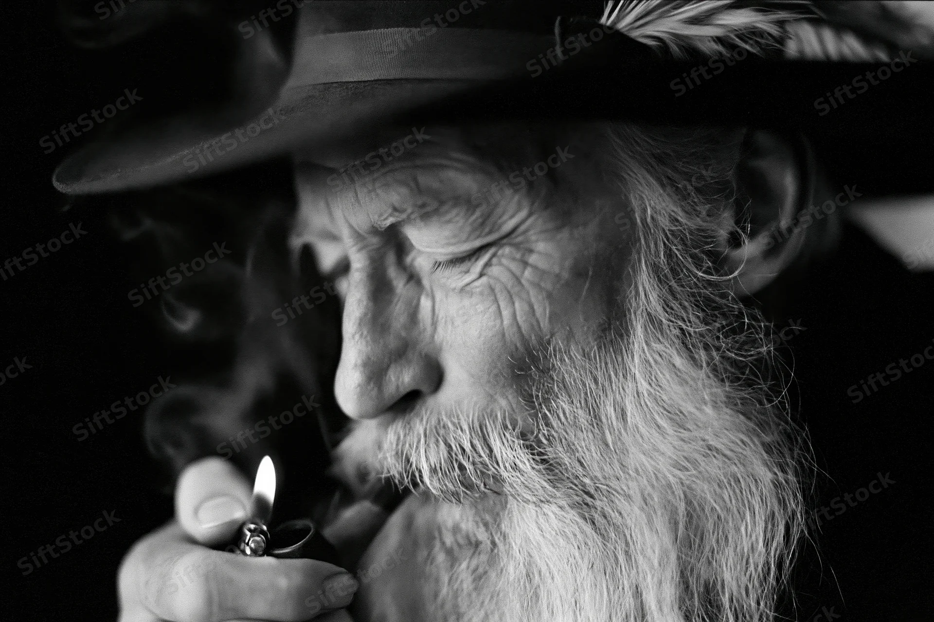 Elderly man with long silver beard lighting a pipe in profile, wearing a hat with feather, black and white closeup