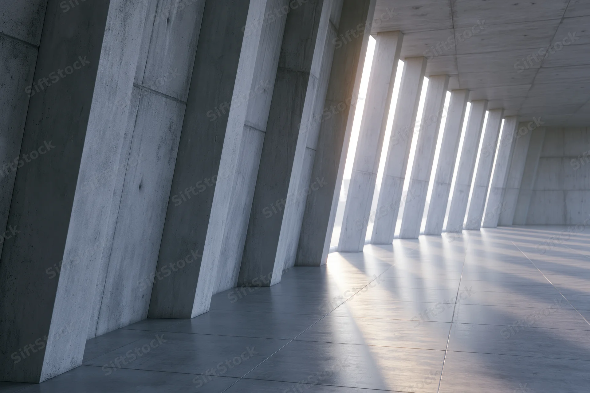 Empty brutalist concrete corridor with diagonal columns and sunlight streaming through gaps