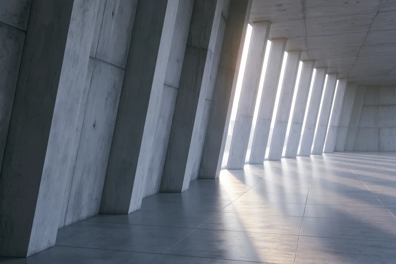 Empty brutalist concrete corridor with diagonal columns and sunlight streaming through gaps