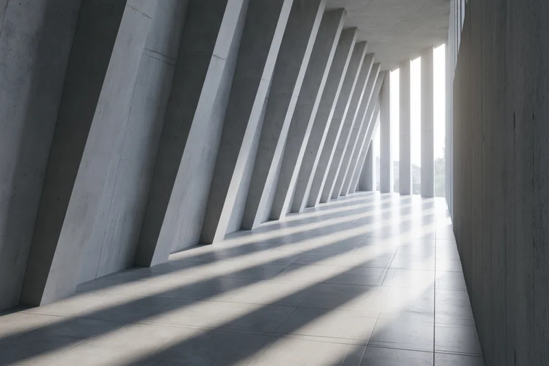 Long concrete corridor with diagonal columns and sunlight casting shadows on the floor