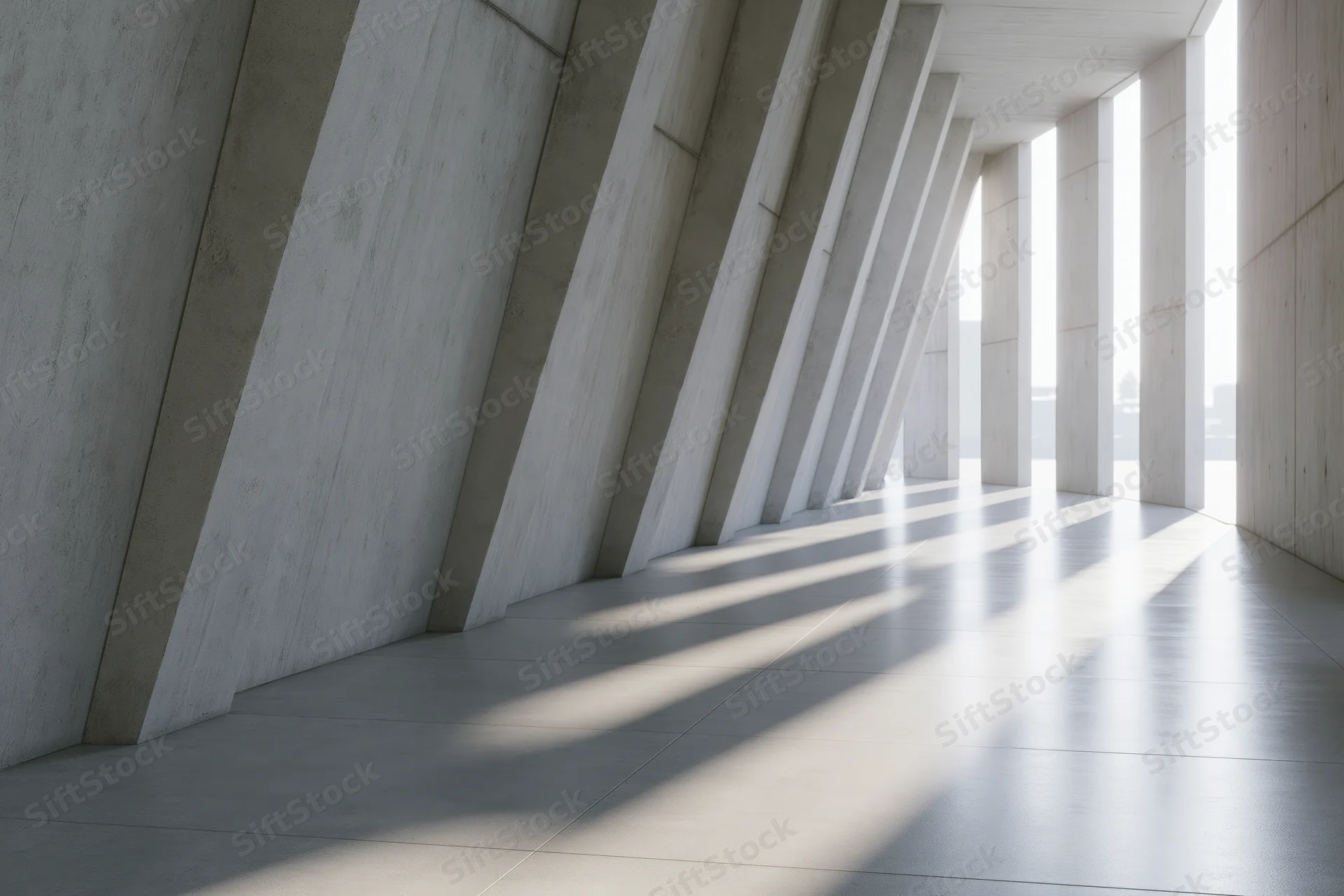 Empty brutalist concrete corridor with diagonal columns and light shadows on floor