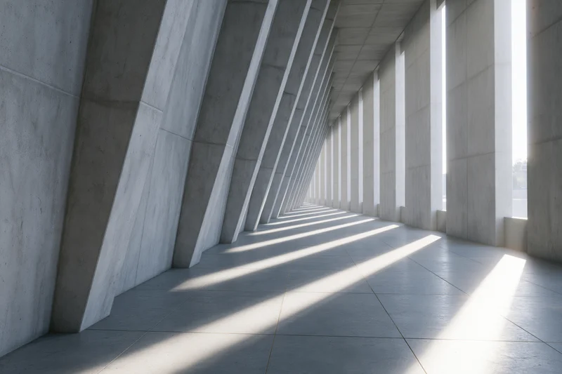 Diagonal concrete columns lining an empty modern corridor with sunlight casting linear shadows on the floor
