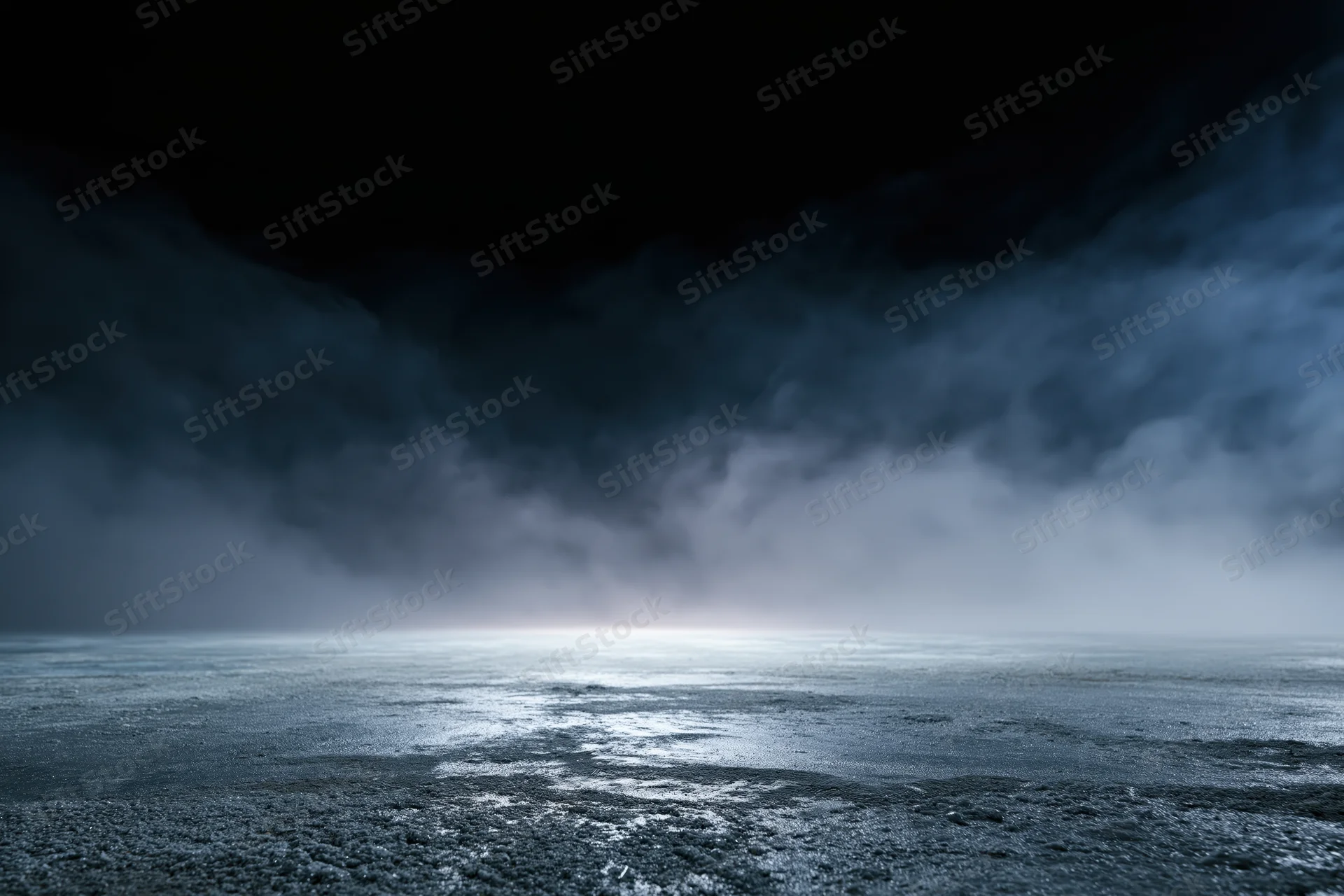Dark industrial space with empty concrete floor under stormy clouds and fog