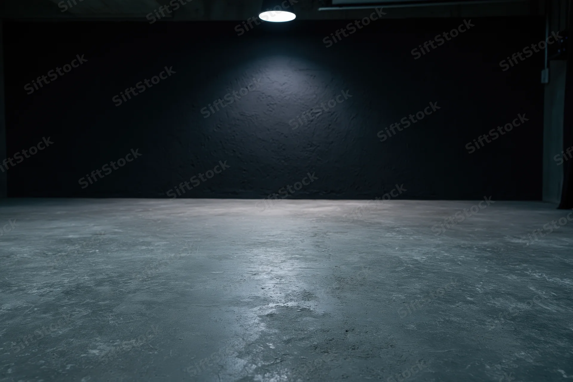 Dark empty studio interior with rough concrete floor and spotlight on wall