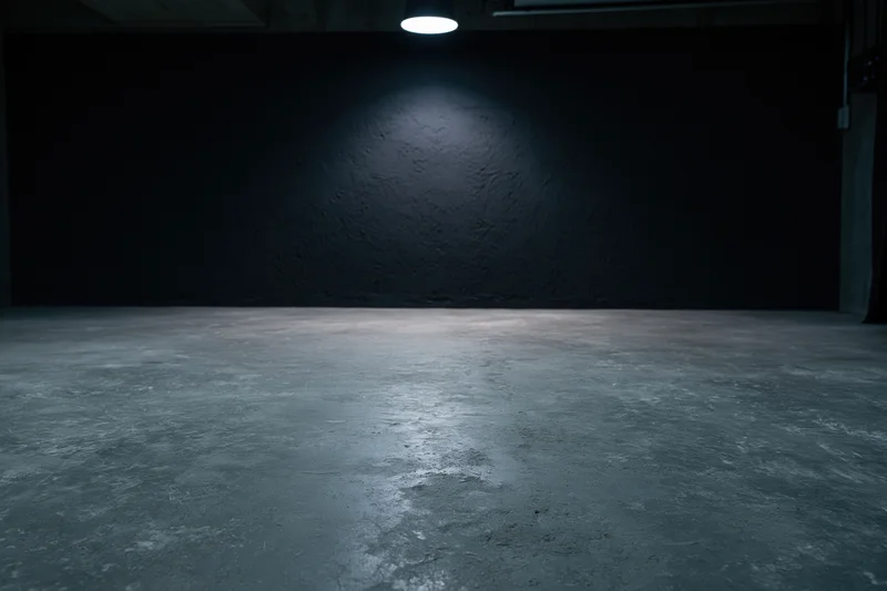 Dark empty studio interior with rough concrete floor and spotlight on wall