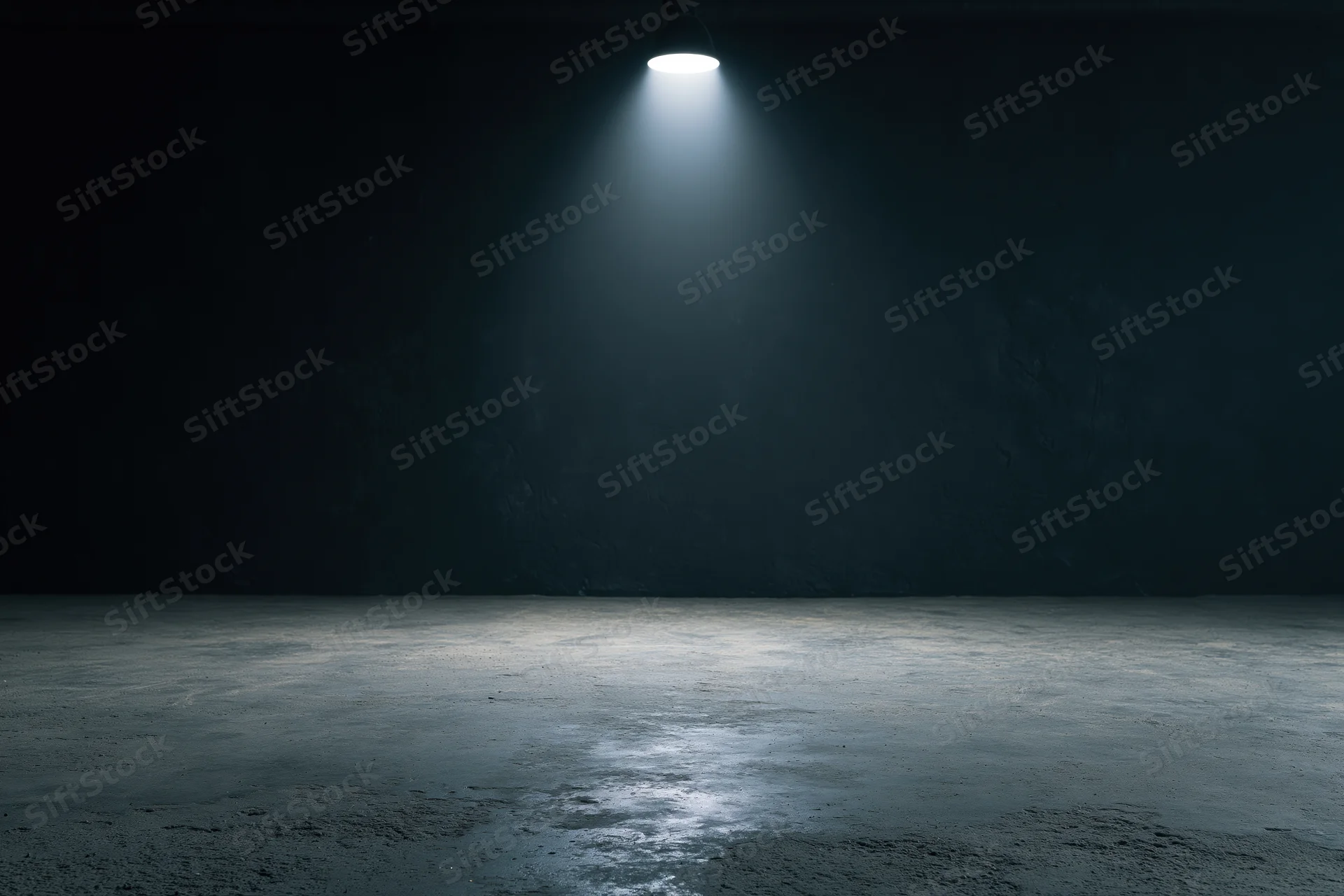 Spotlight shining on empty concrete floor in dark studio interior