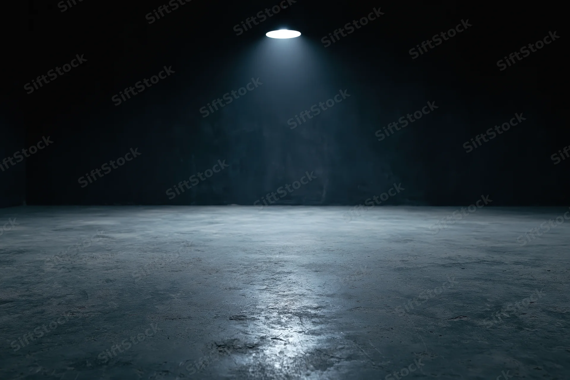 Spotlight illuminating rough concrete floor in dark empty studio interior
