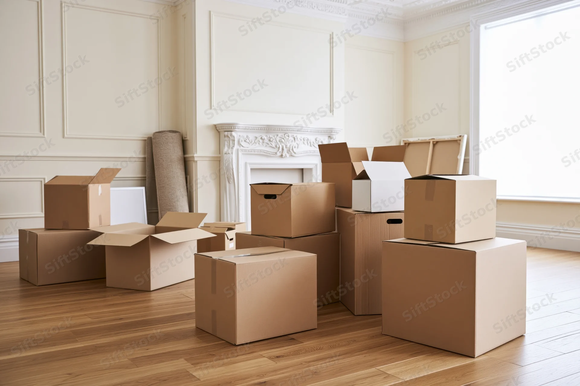 Scattered cardboard boxes in an empty living room with fireplace and hardwood floor during daytime