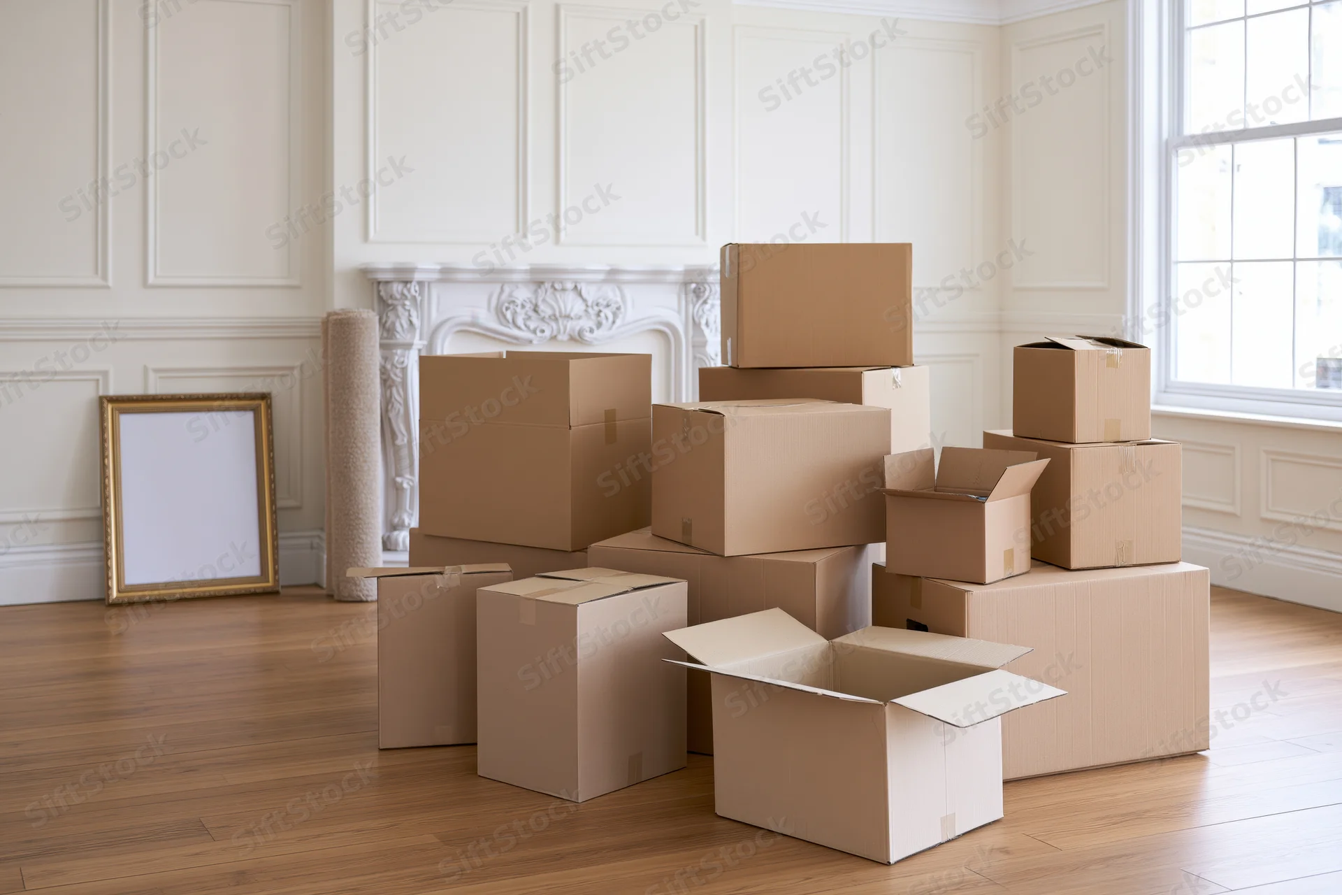Scattered cardboard boxes in a living room during a move, near a fireplace and window