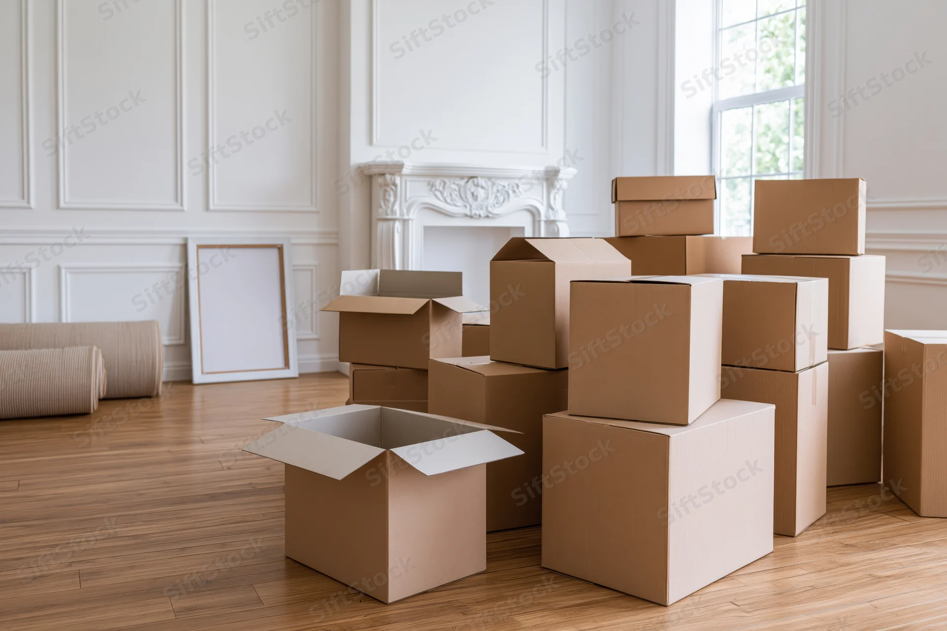 Scattered cardboard boxes in a living room during a move, hardwood floor and fireplace visible