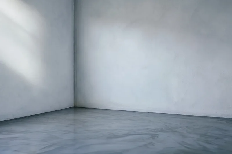 Corner of an empty minimalist room with smooth concrete walls and floor