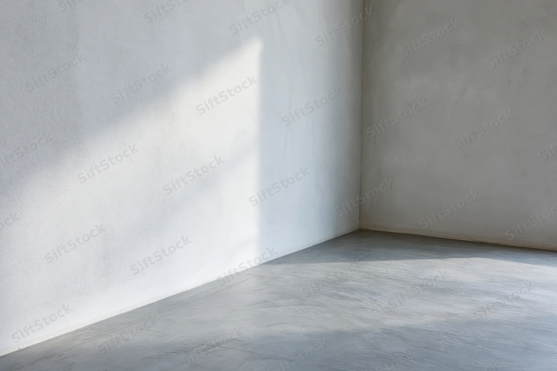 Empty minimalist room with bare concrete walls and smooth floor in corner view