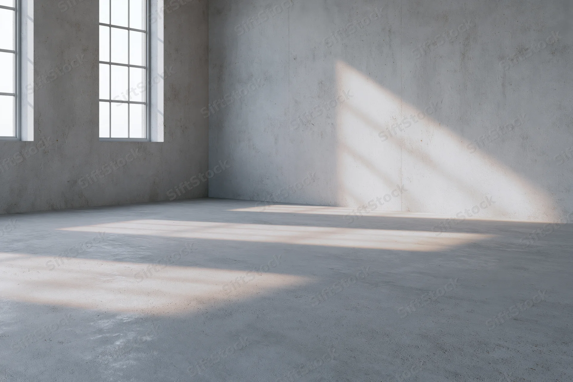 Empty minimalist room with bare concrete walls and floor, sunlight streaming through grid windows
