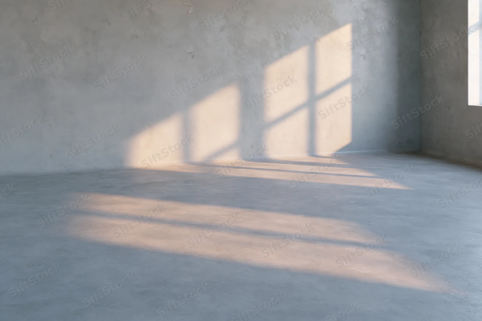 Empty minimalist room with bare concrete walls and floor lit by sunlight casting window shadows