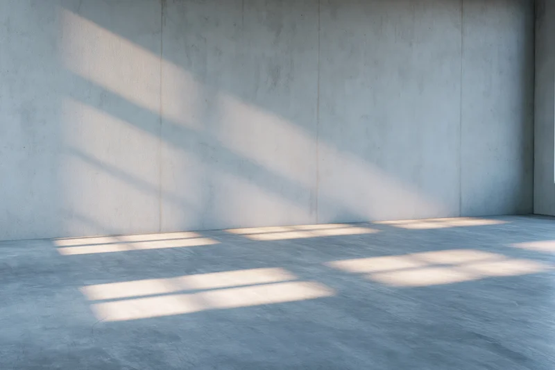 Empty minimalist room with bare concrete walls and floor lit by natural light casting shadows