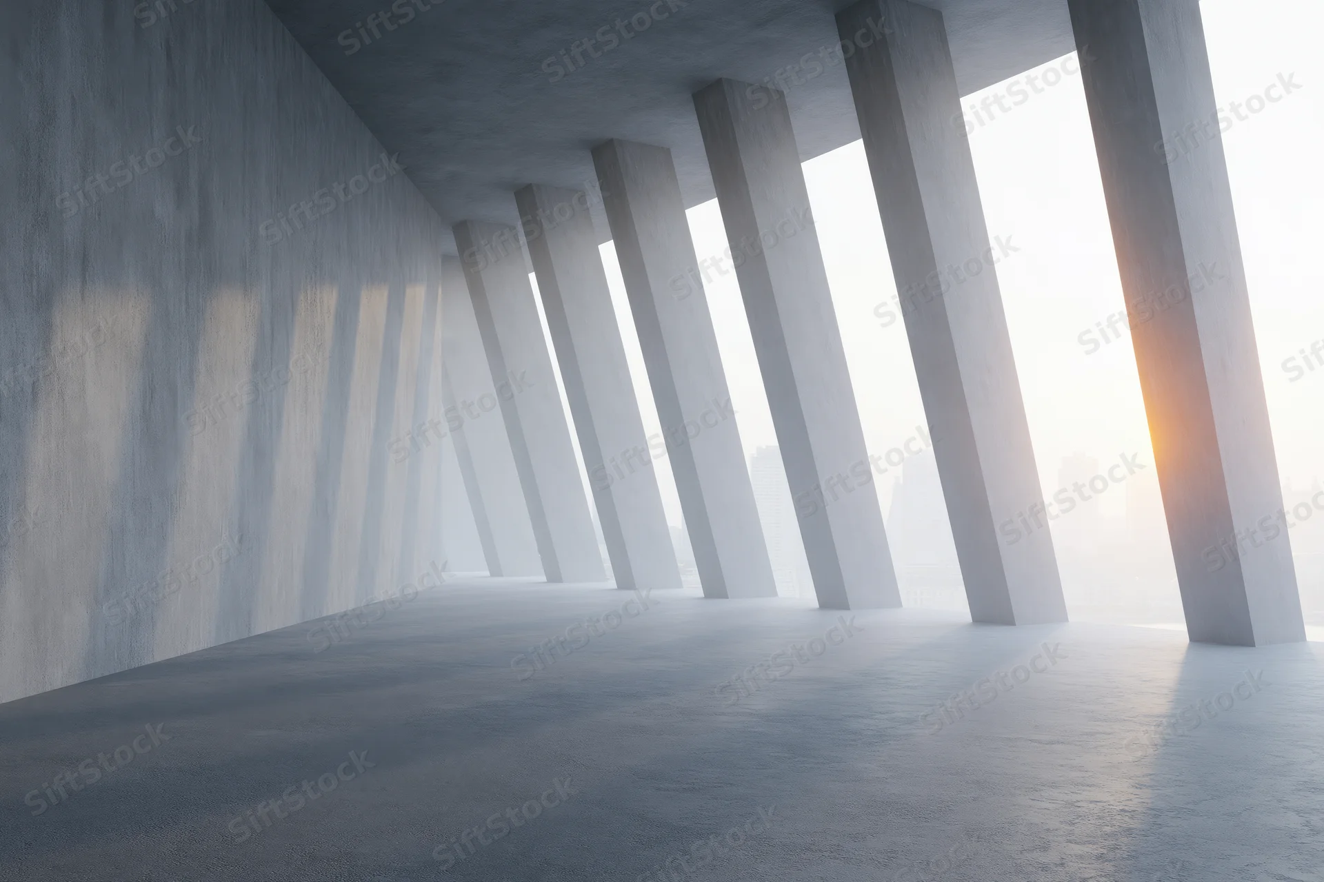 Raw concrete interior with diagonal columns and soft morning light filtering through openings