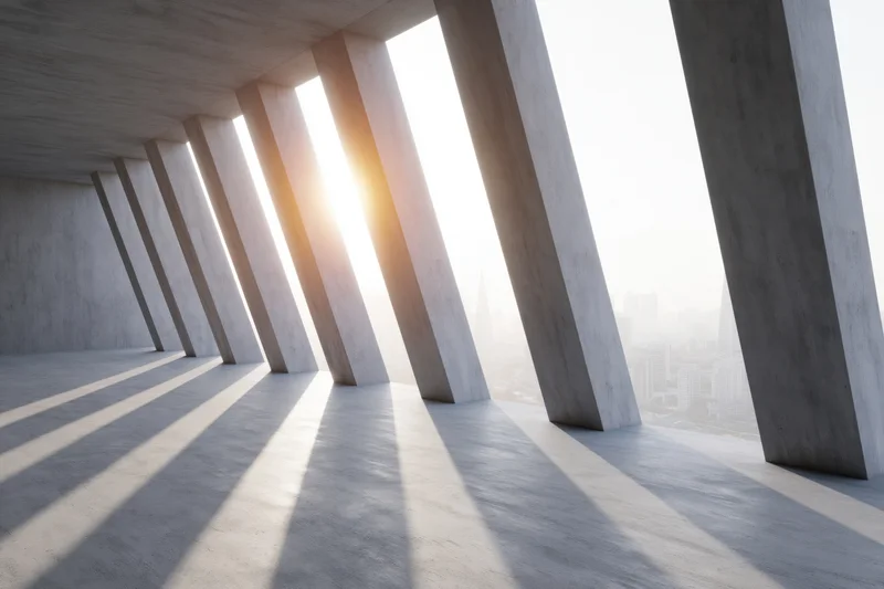 Raw concrete interior with diagonal pillars casting long shadows toward city skyline at sunrise
