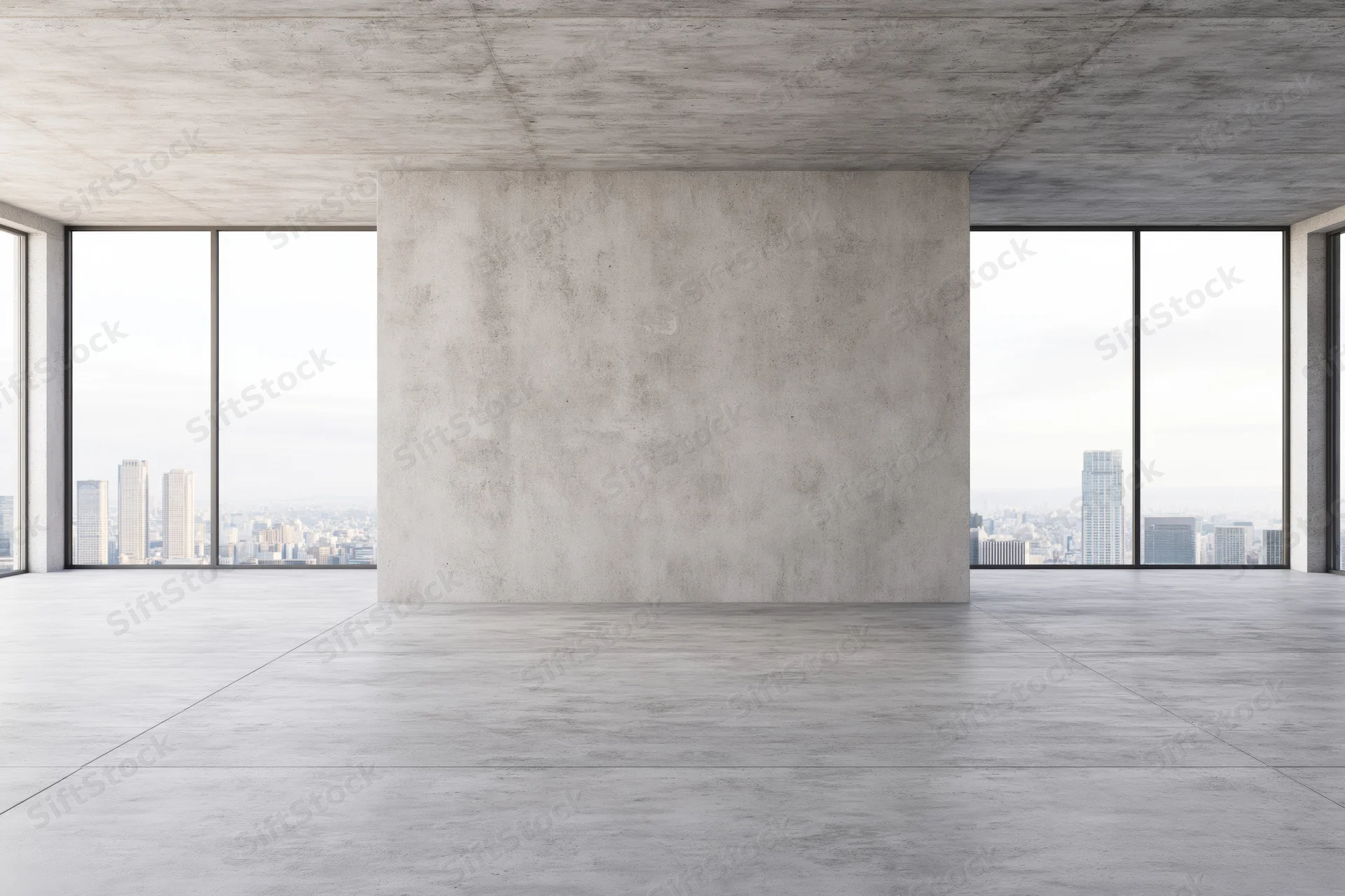 Empty concrete room with large windows overlooking city skyline