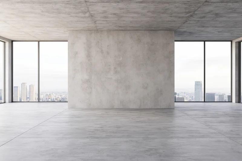 Empty concrete room with large windows overlooking city skyline