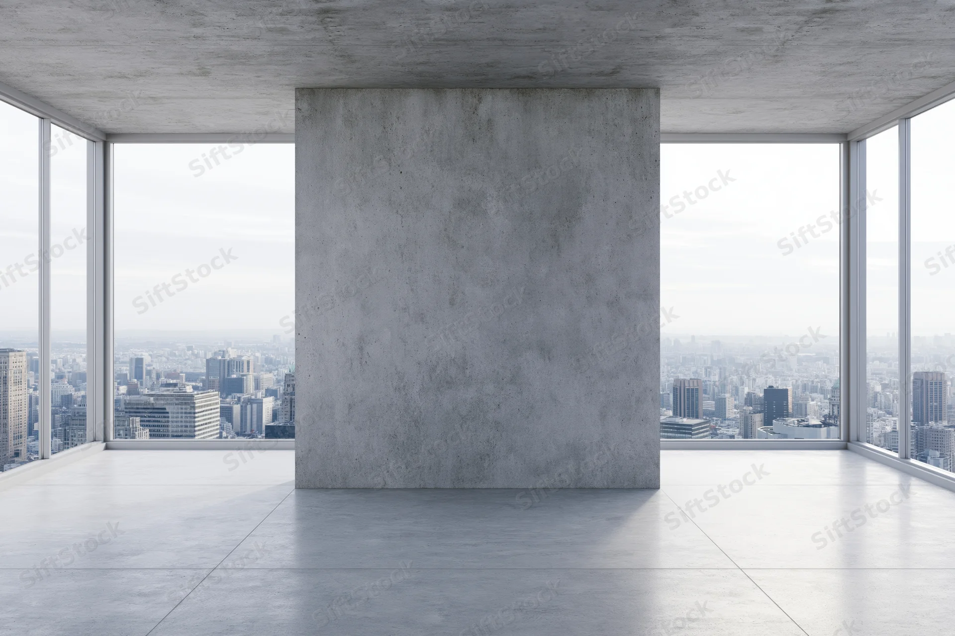 Empty concrete room with large freestanding wall and city view through floor-to-ceiling windows