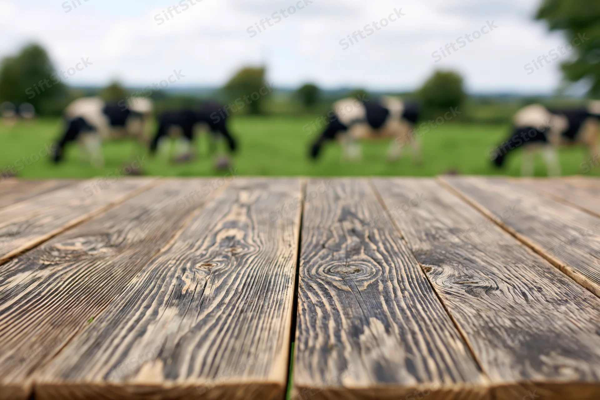 Rustic wooden plank table in sharp focus with grazing cows in blurred pasture beyond