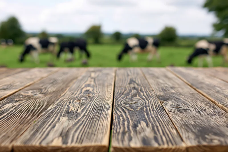 Rustic wooden plank table in sharp focus with grazing cows in blurred pasture beyond