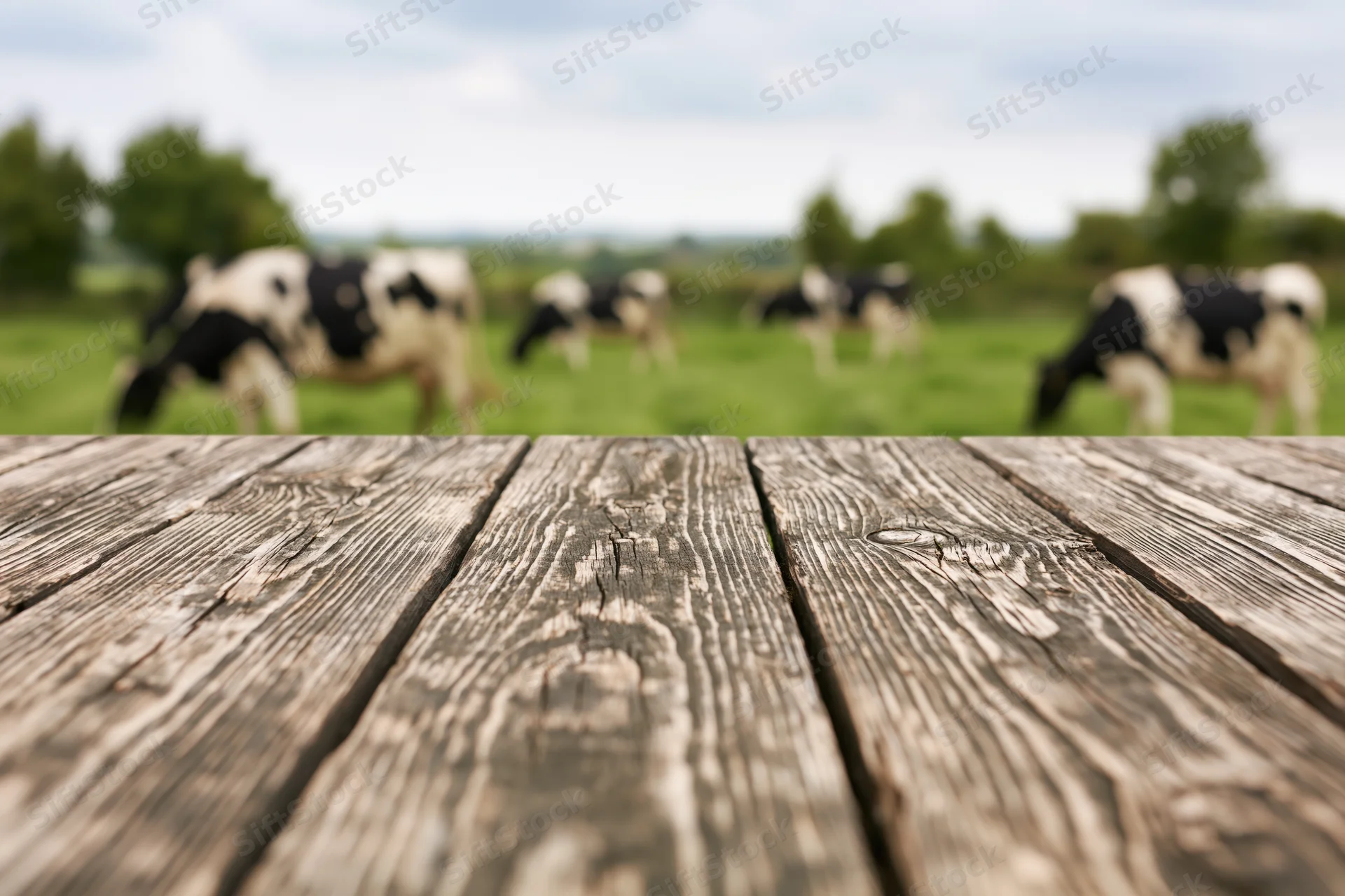 Rustic wooden plank table in sharp focus with grazing cows in a green pasture behind