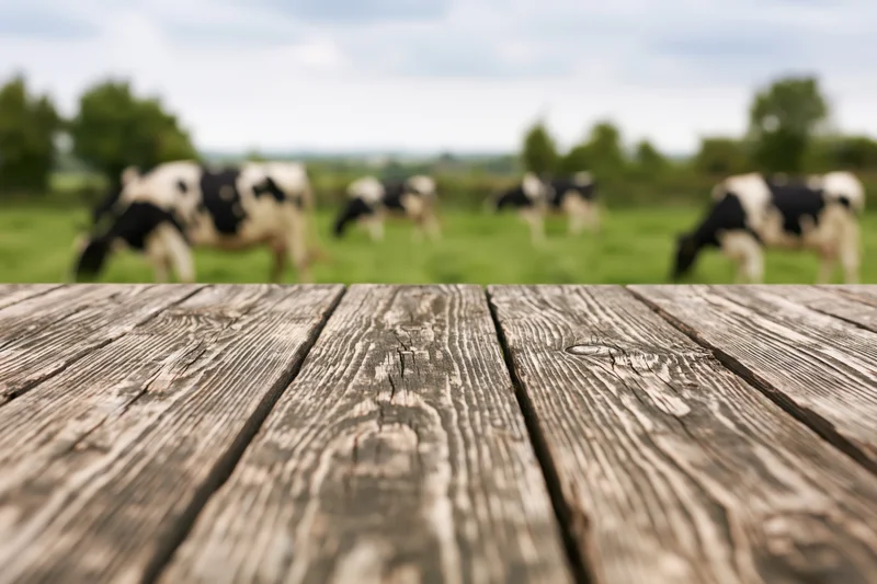 Rustic wooden plank table in sharp focus with grazing cows in a green pasture behind